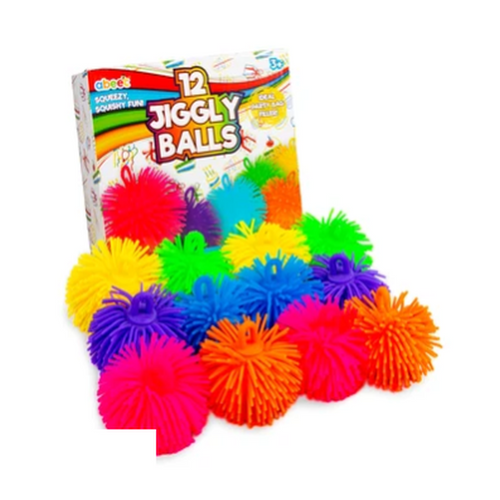 abeec box of 12 colorful jiggly balls with the balls spread in front