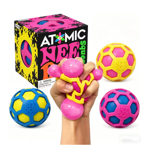 Atomic NeeDoh being squeezed, with the box and three colors