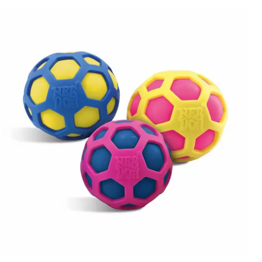 Atomic NeeDoh in blue and yellow, yellow and pink, and pink and blue