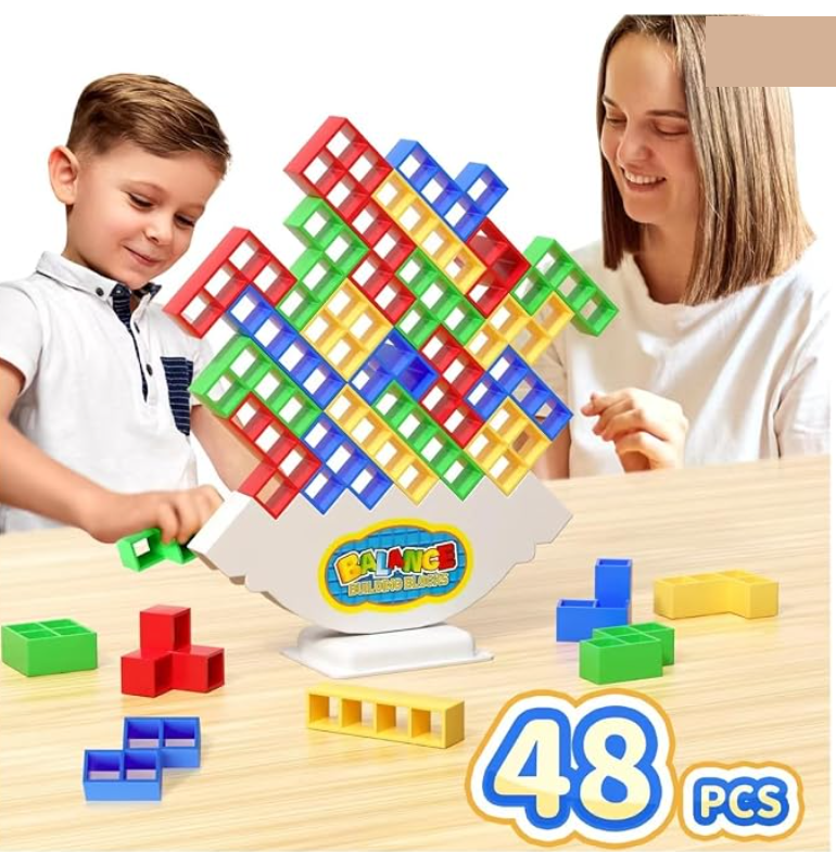 Balance stacking blocks game with colorful blocks on the rocking base