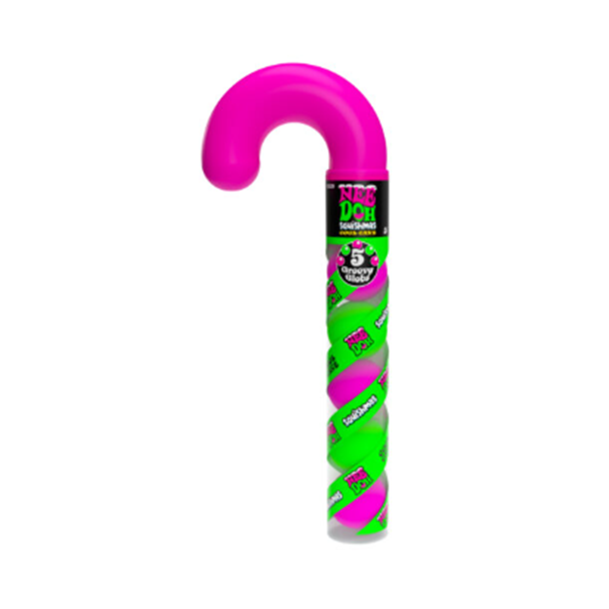 NeeDoh Squishmas Cool Cane: pink candy-cane tube with green stripes holding 5 squishy globs