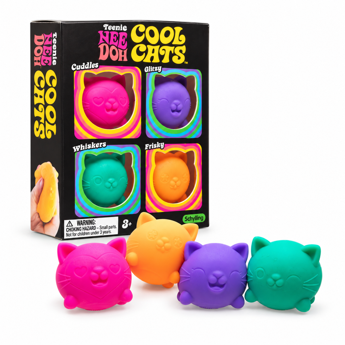 Teenie NeeDoh Cool Cats box with four kitty squishies: pink, purple, teal and orange