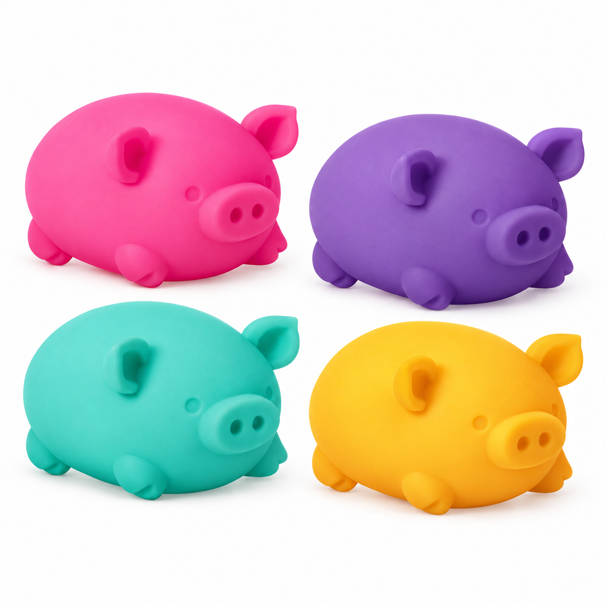 NeeDoh Dig It Pig squishy pigs shown in pink, purple, teal and yellow