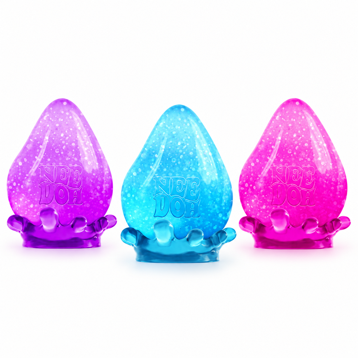 NeeDoh Dream Drop glittery teardrop squishies in purple, blue and pink