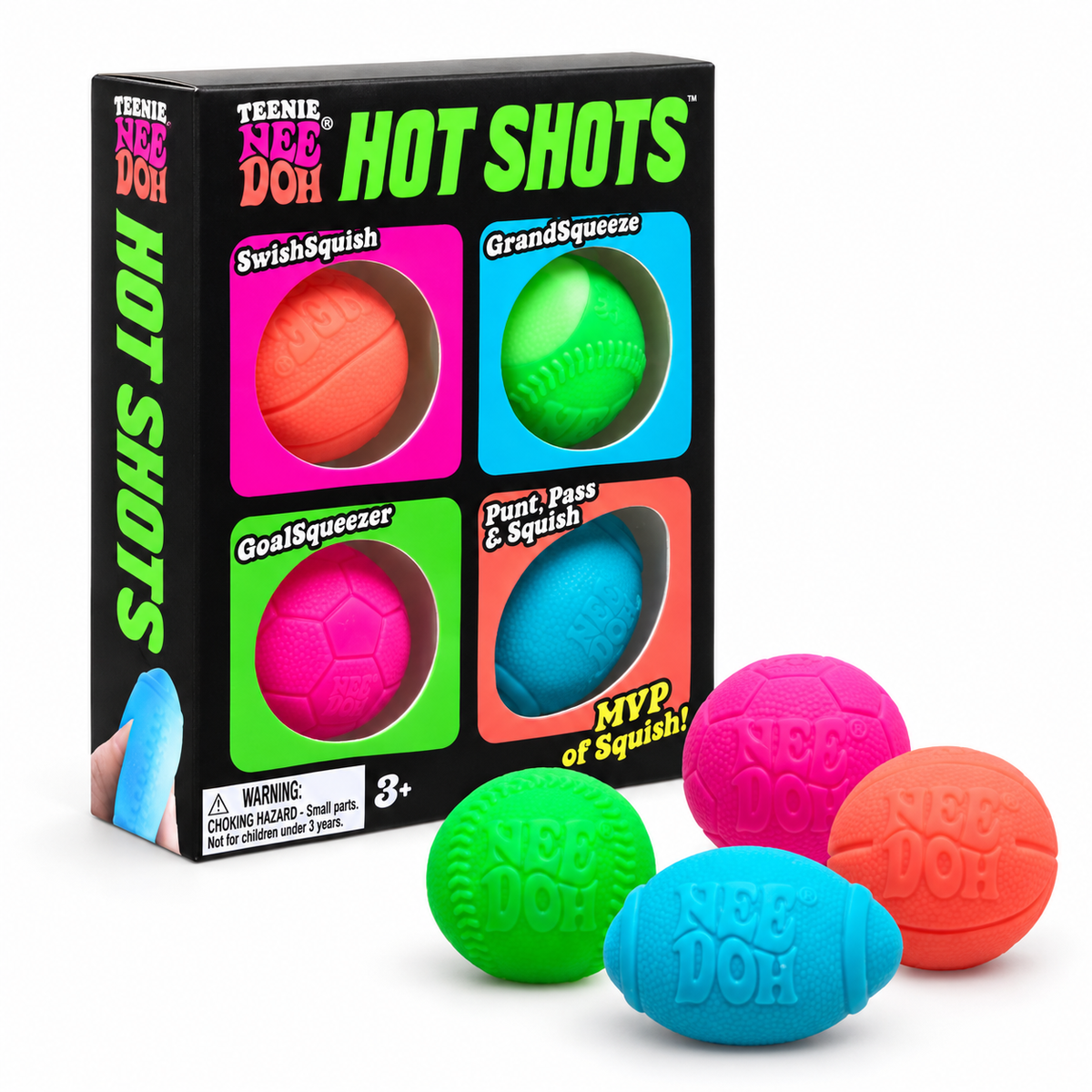Teenie NeeDoh Hot Shots box with four sports-ball squishies