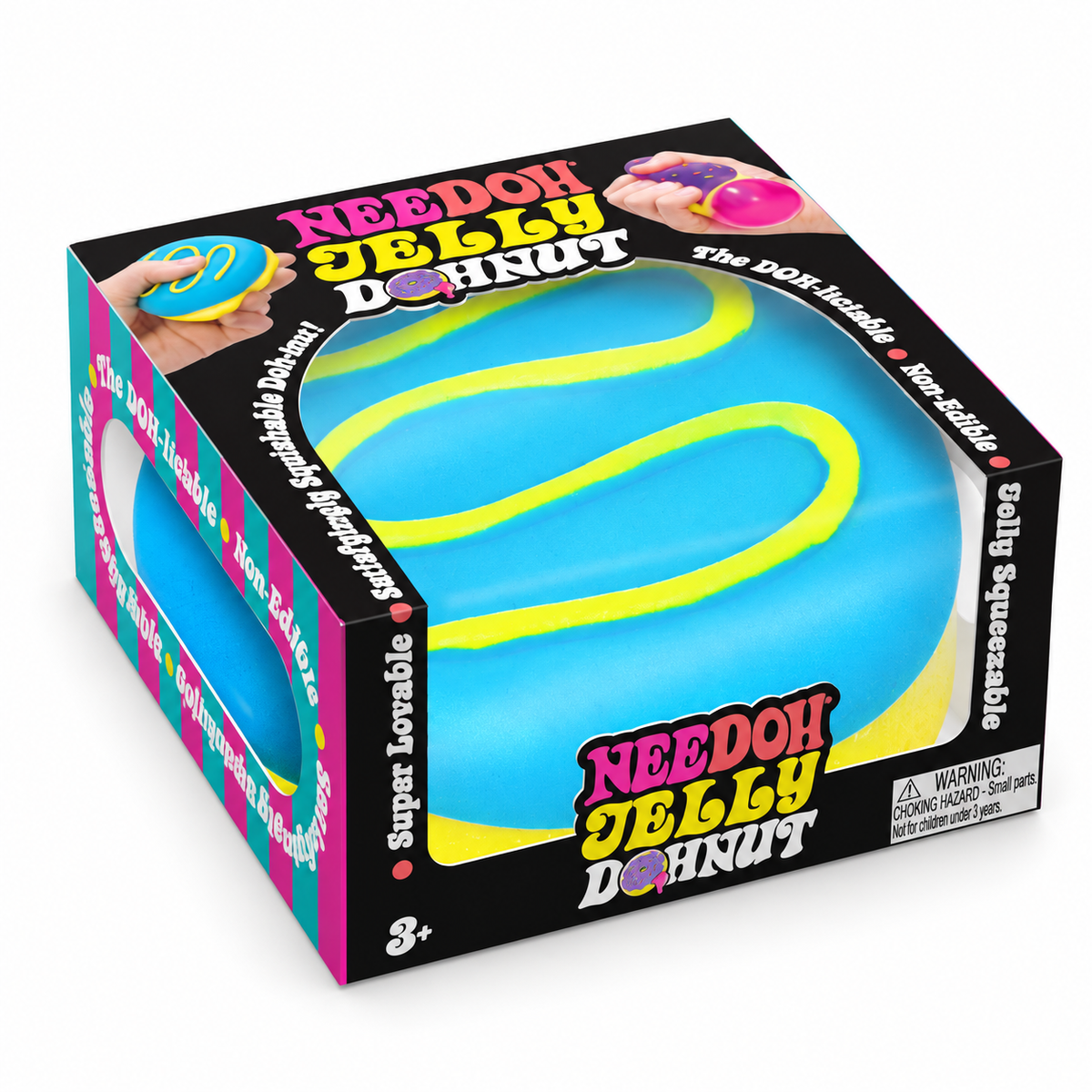 NeeDoh Jelly Dohnut: blue squishy doughnut with yellow drizzle in its box