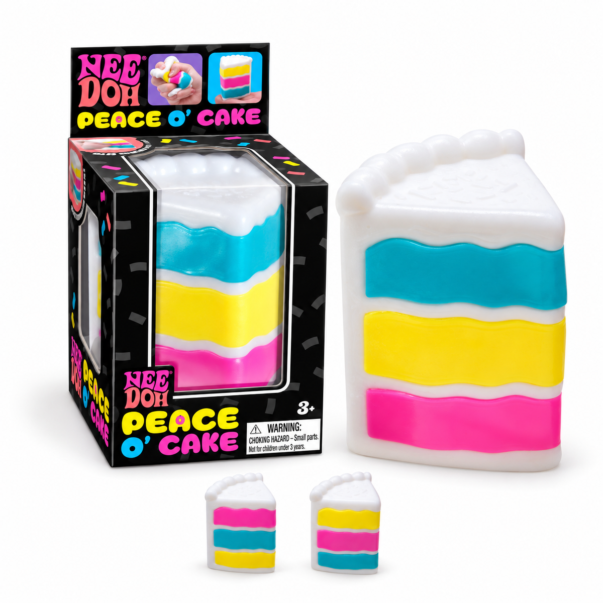 NeeDoh Peace o’ Cake squishy cake slice with blue, yellow and pink layers next to its box