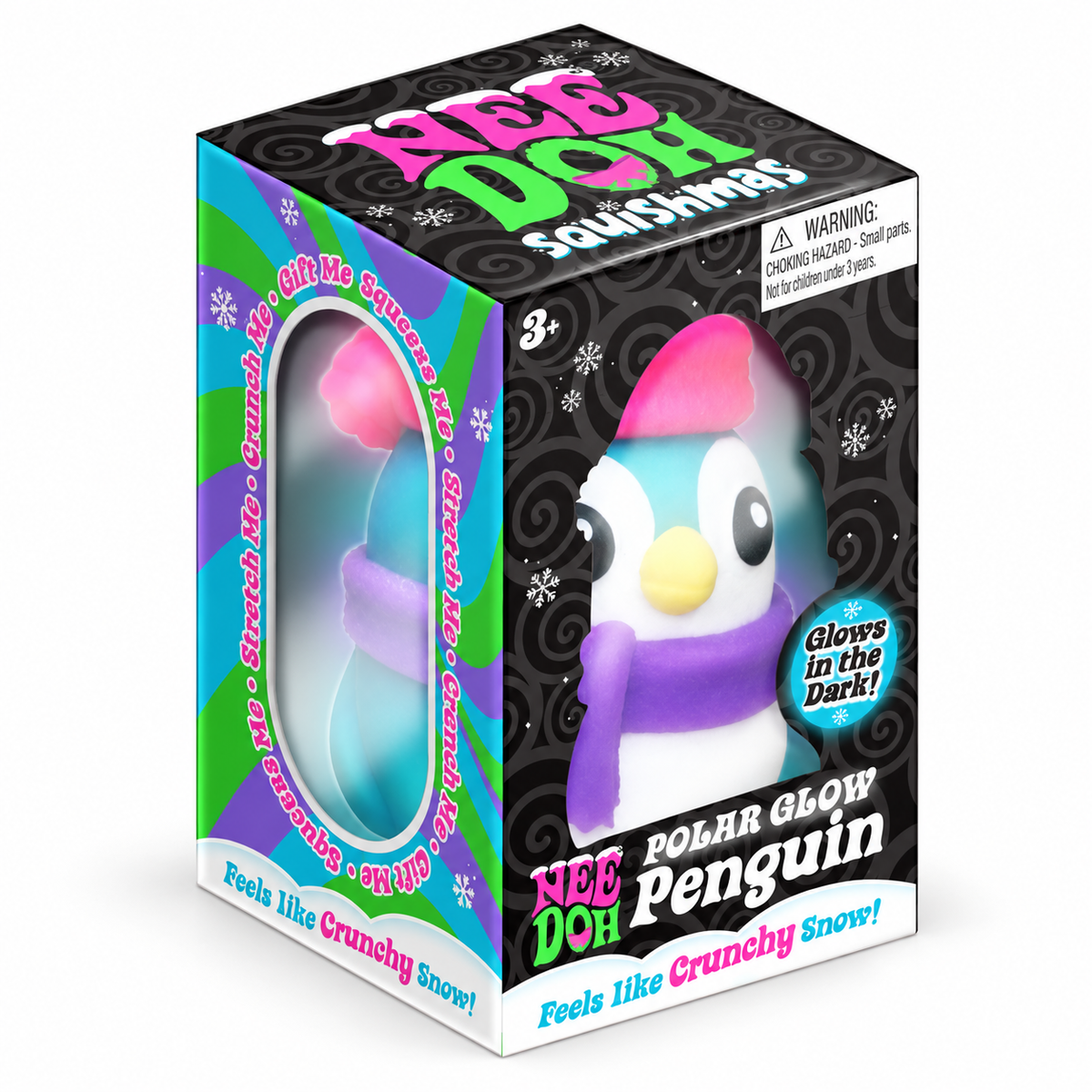NeeDoh Polar Glow Penguin squishy with a pink hat and purple scarf in its box
