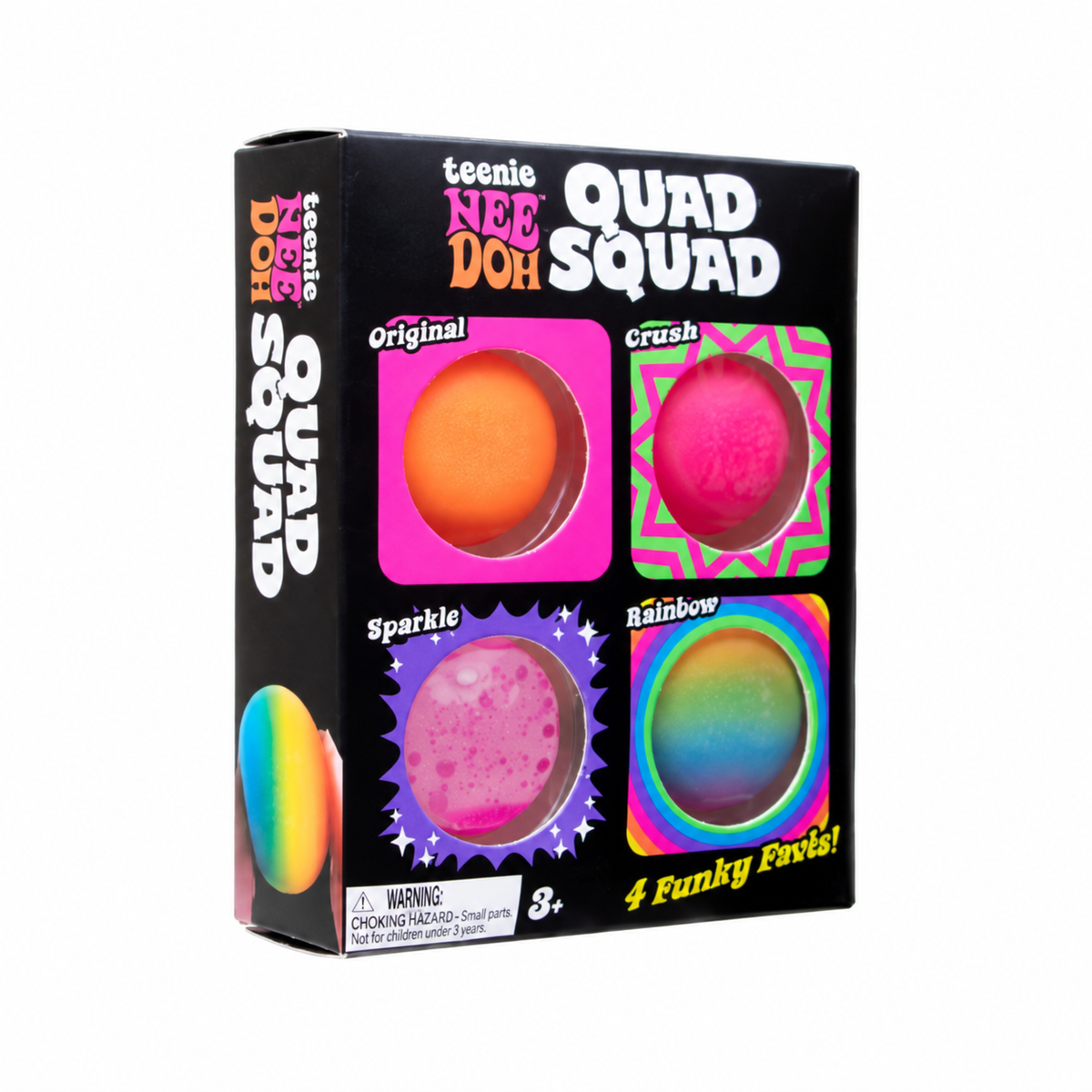 Teenie NeeDoh Quad Squad box with Original, Crush, Sparkle and Rainbow squishies