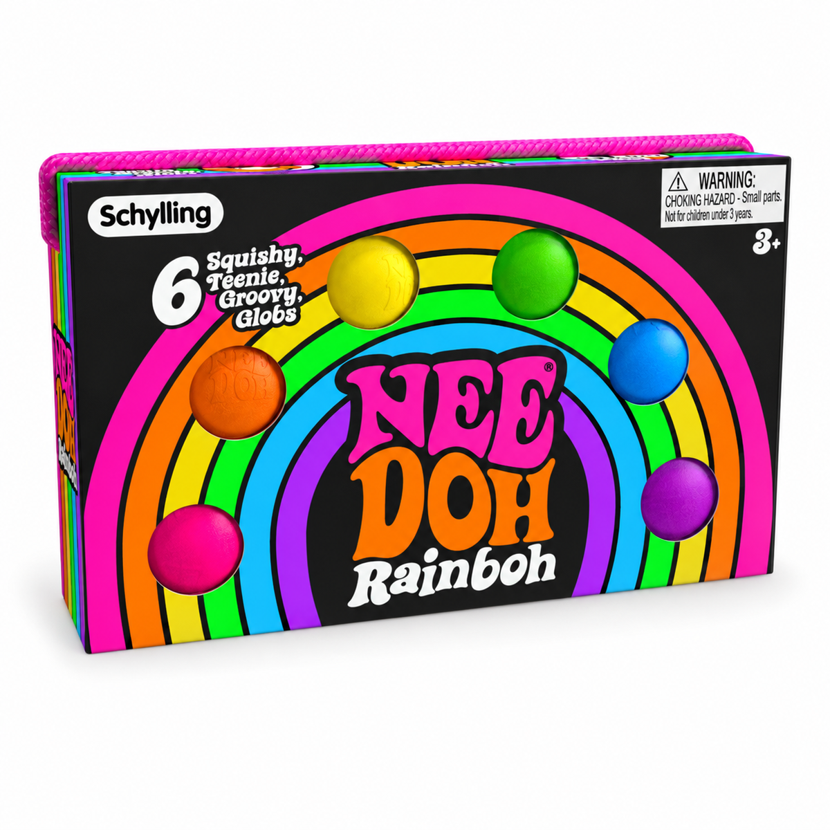 NeeDoh Rainboh box with six teenie squishy balls in rainbow colors