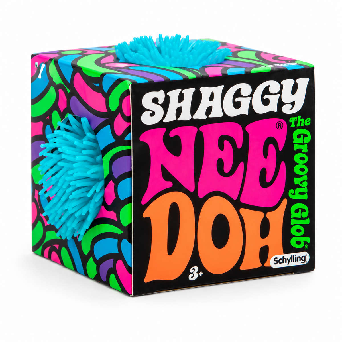 Shaggy NeeDoh box with a blue shaggy squishy ball poking through