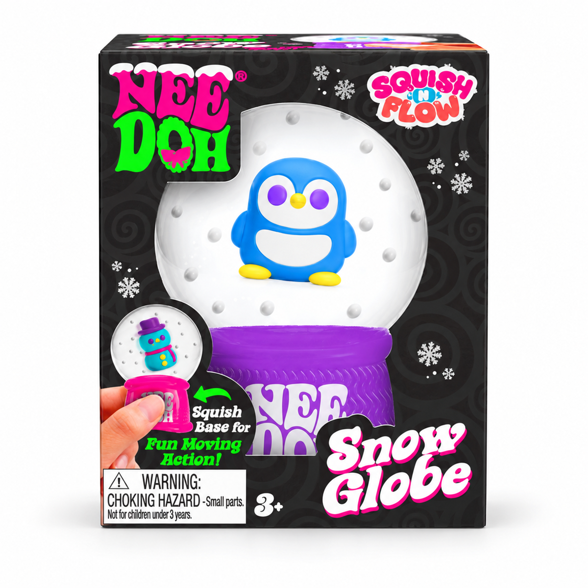 NeeDoh Squish N Flow Snow Globe with a blue penguin inside, in its box