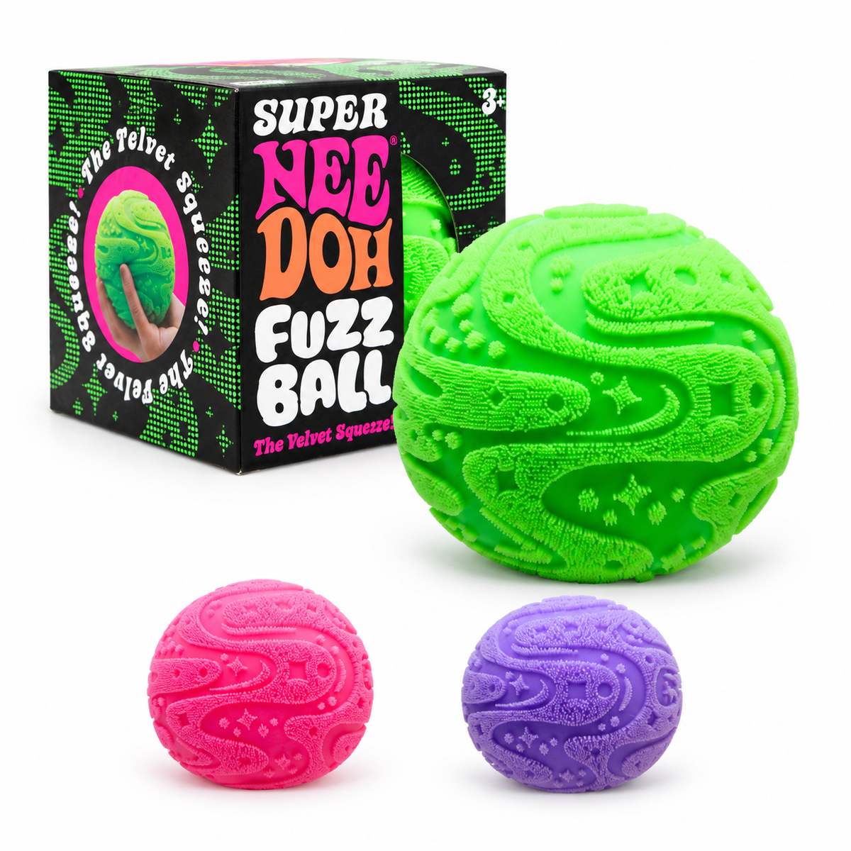 Super NeeDoh Fuzz Ball in green next to its box, with pink and purple fuzz balls