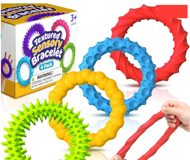 Four textured stretchy bracelets with the box