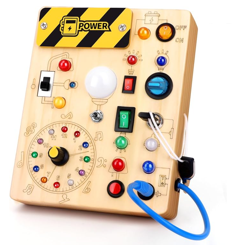 Wooden busy board with switches, buttons, dial, key and lights