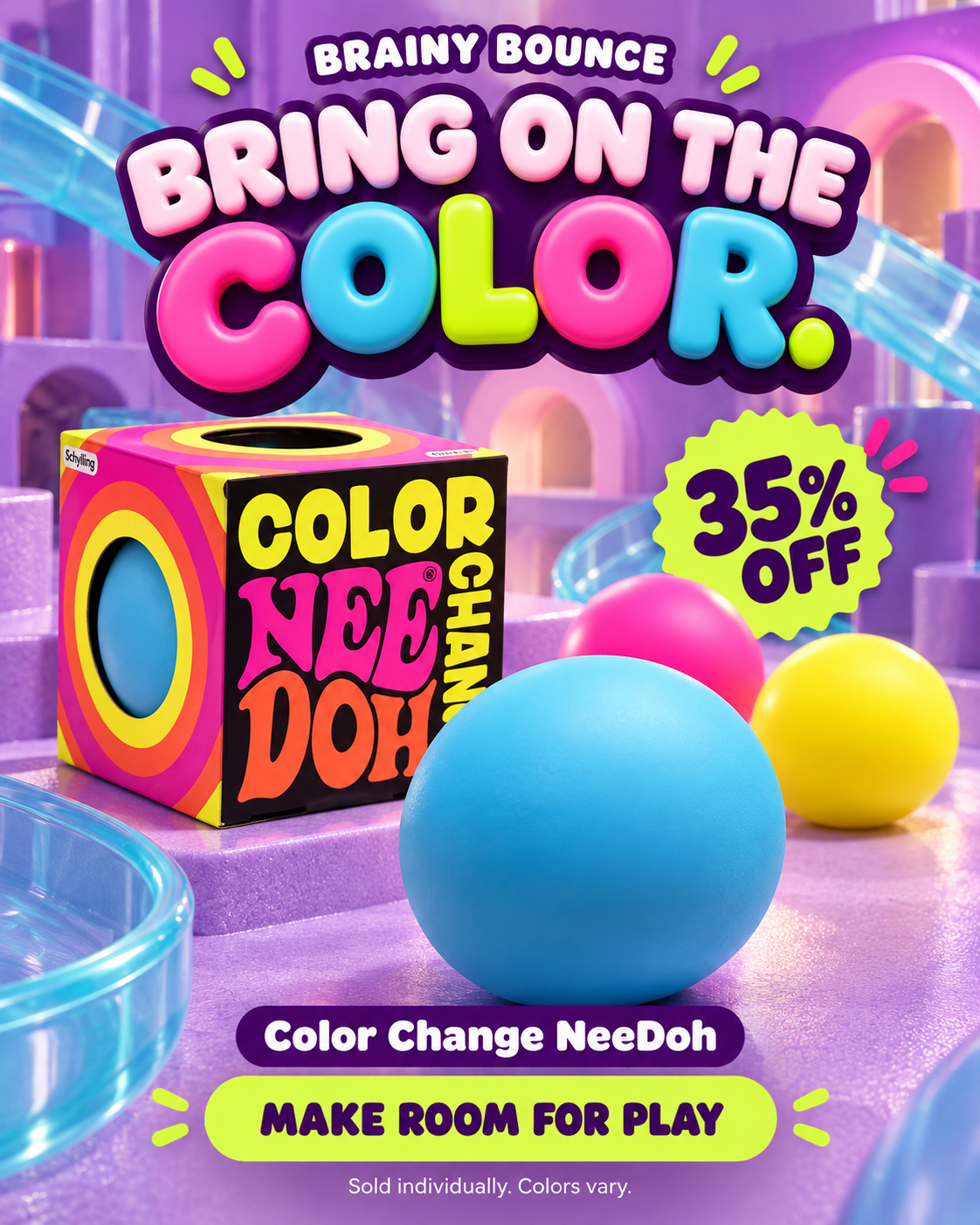 Color Change NeeDoh box with blue, pink and yellow squishy balls