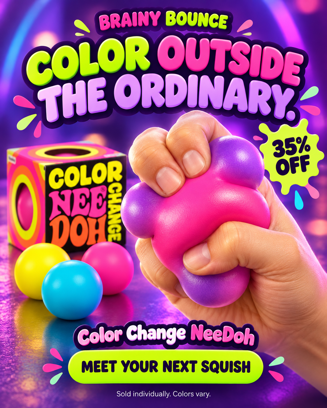 Hand squeezing a pink and purple Color Change NeeDoh