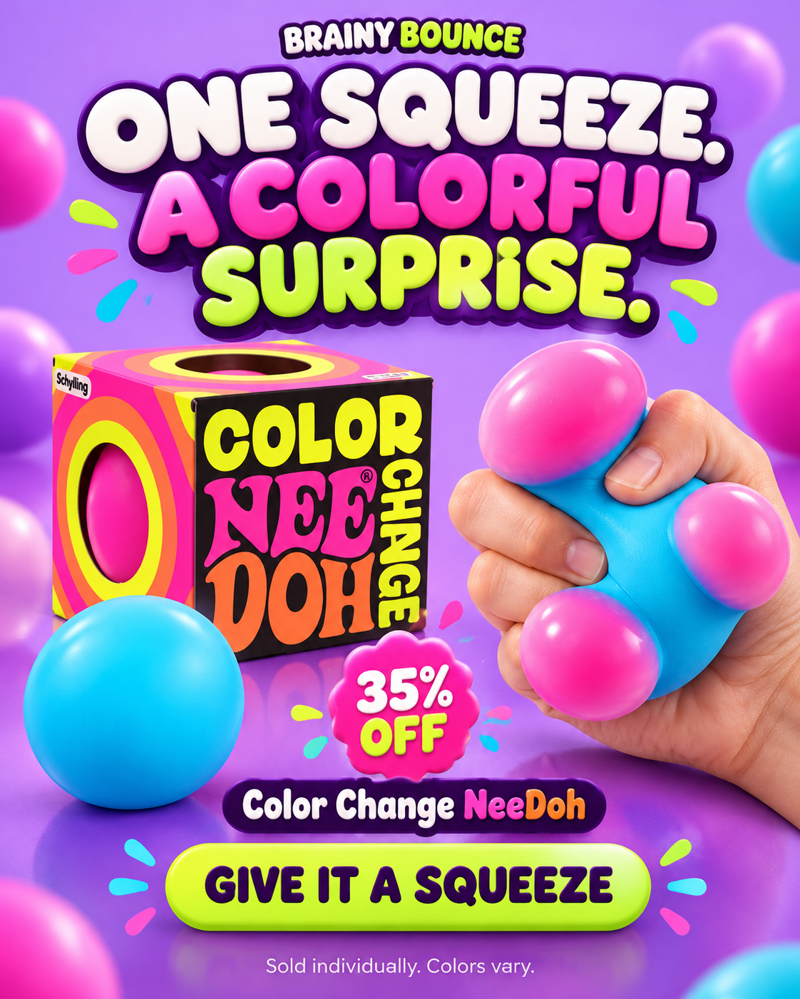 Blue and pink Color Change NeeDoh being squeezed next to its box