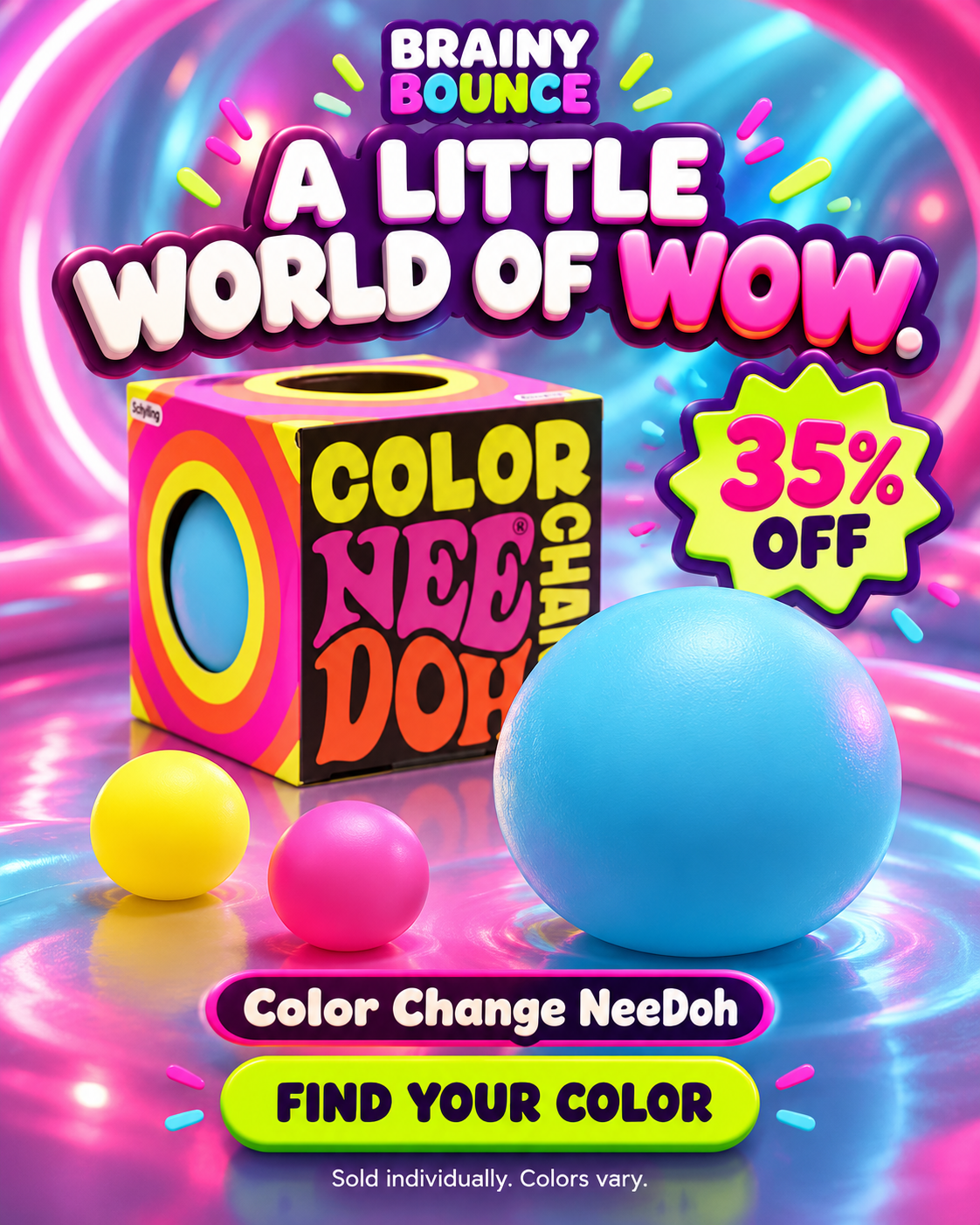 Color Change NeeDoh box with yellow, pink and blue balls