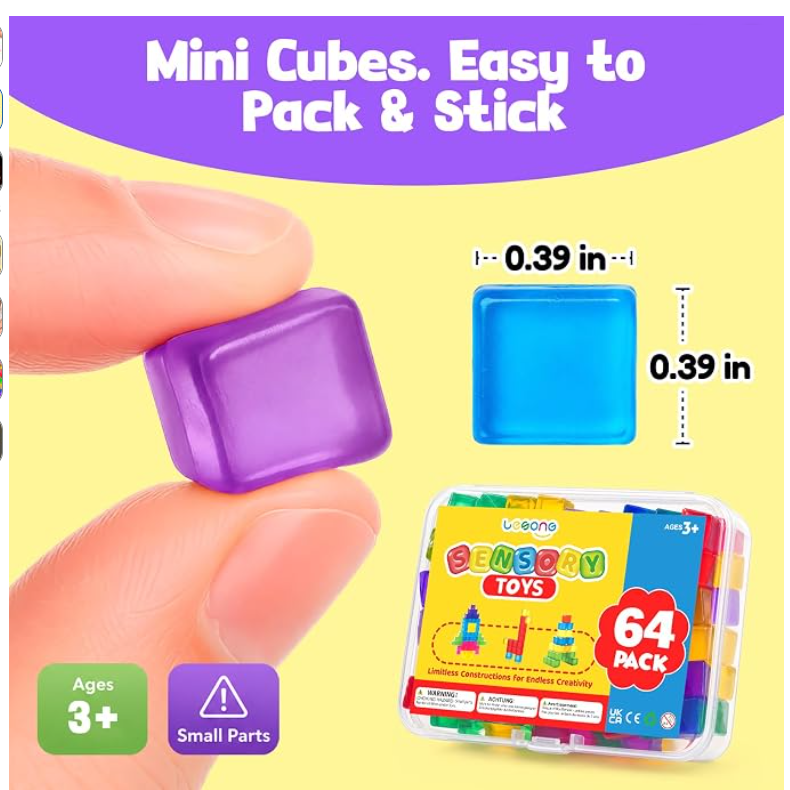One mini cube with its size and the 64 pack box