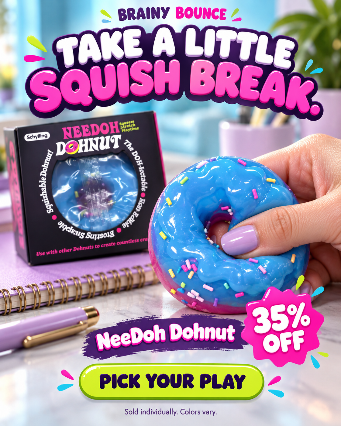 Hand squeezing a blue frosted NeeDoh Dohnut next to its box