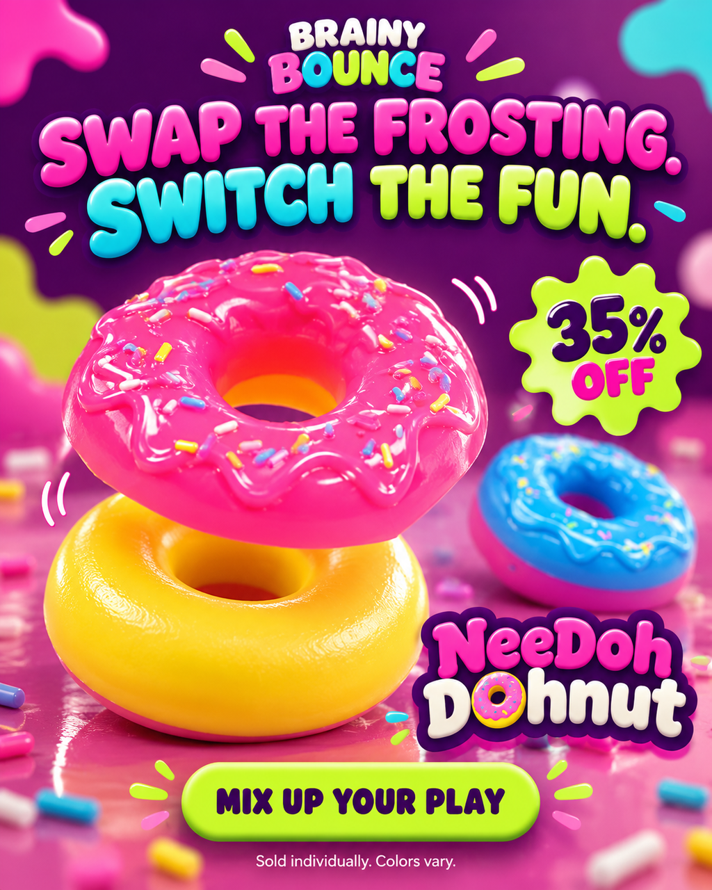 Pink frosting lifted off a yellow NeeDoh Dohnut