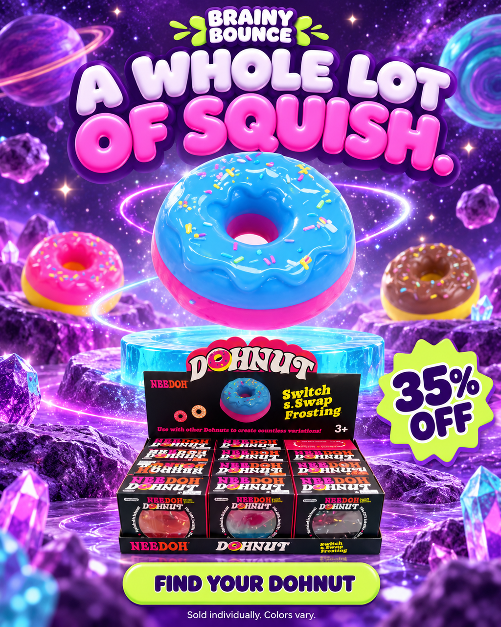 NeeDoh Dohnut display box with a blue frosted dohnut