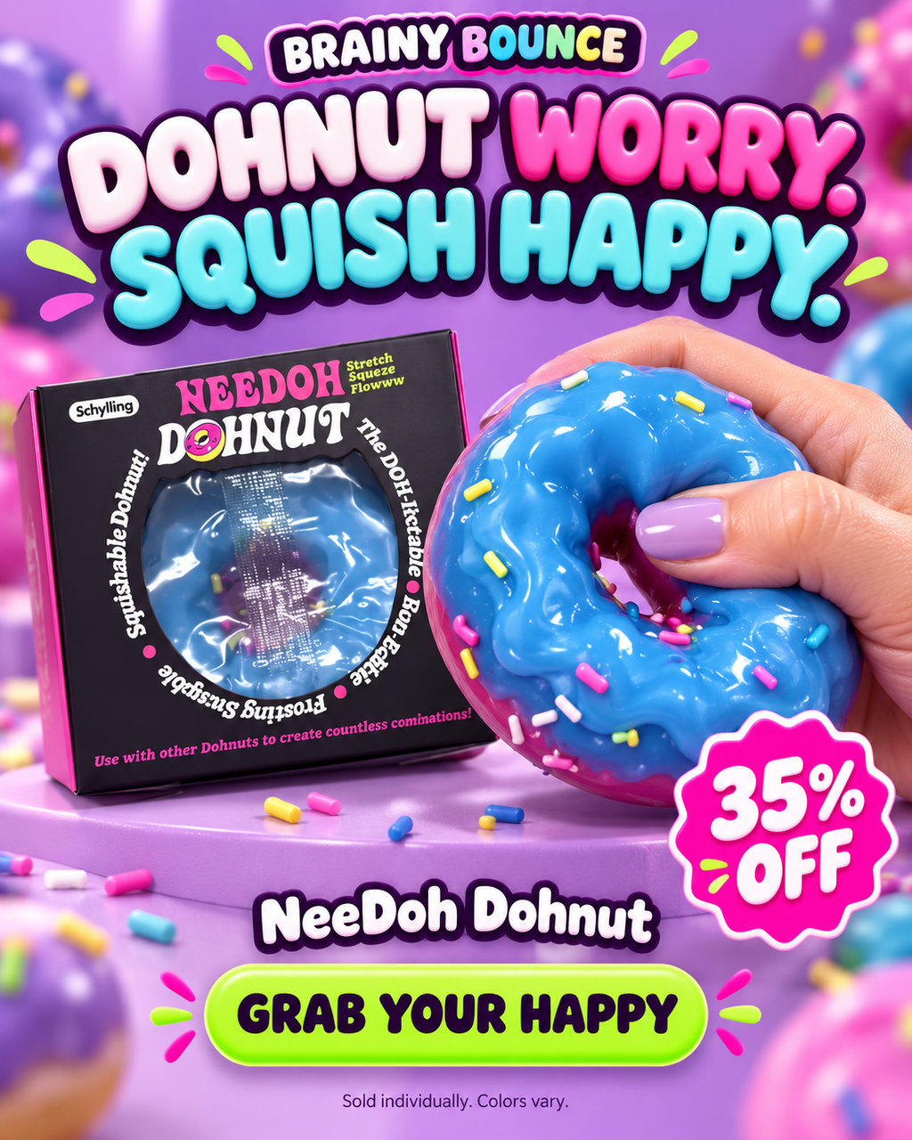 Blue frosted NeeDoh Dohnut squeezed beside its box