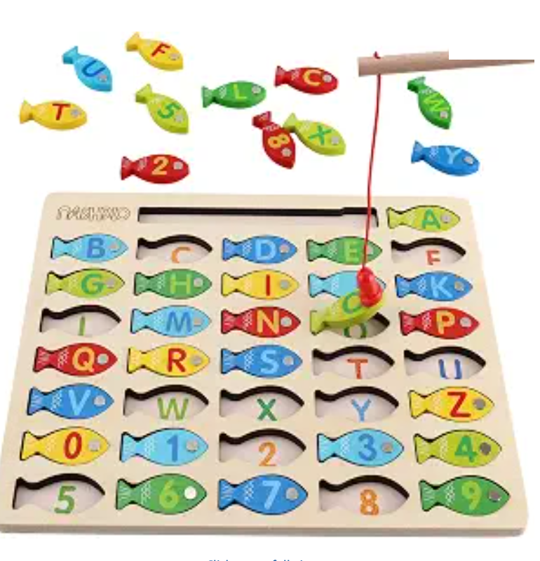 Wooden fishing board with letter and number fish and a magnetic rod