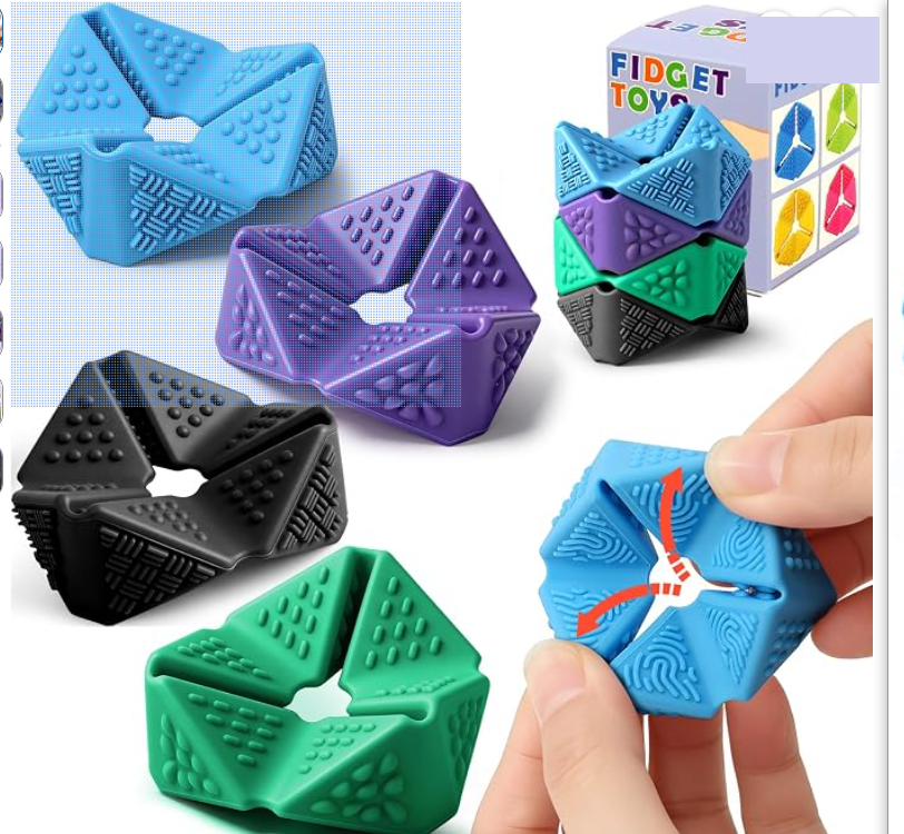 Flip fidgets in blue, purple, black and green
