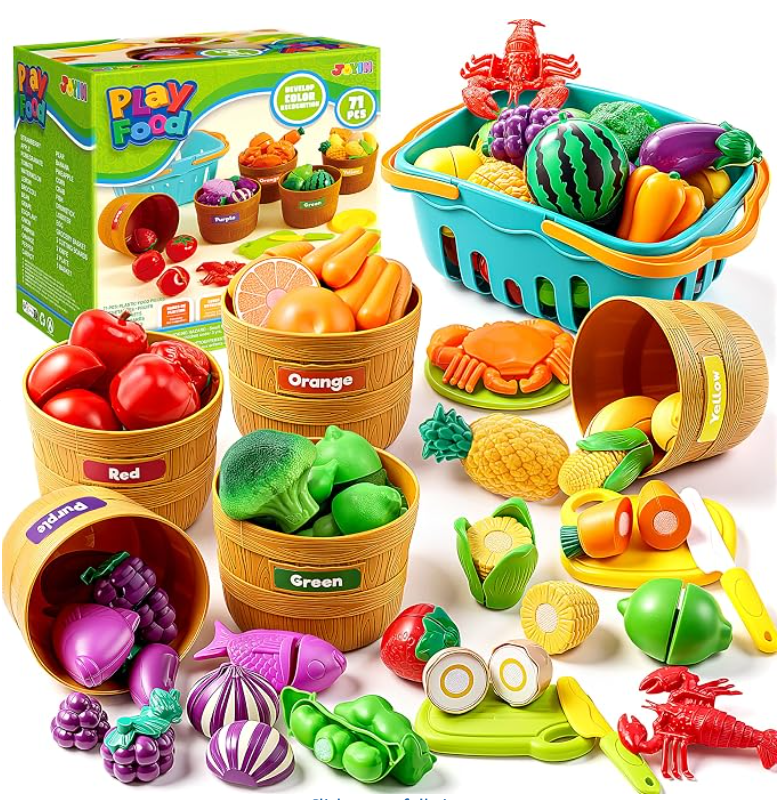 Play food set with color sorting baskets