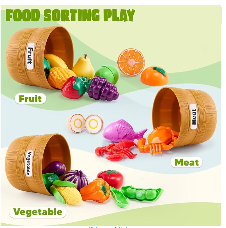 Sorting pretend food into baskets