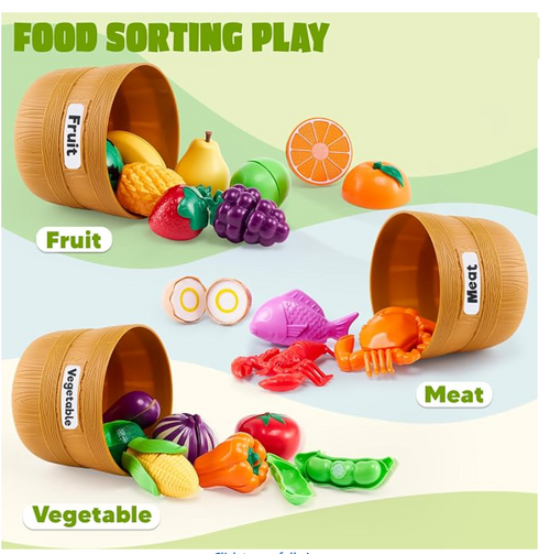 Sorting pretend food into baskets