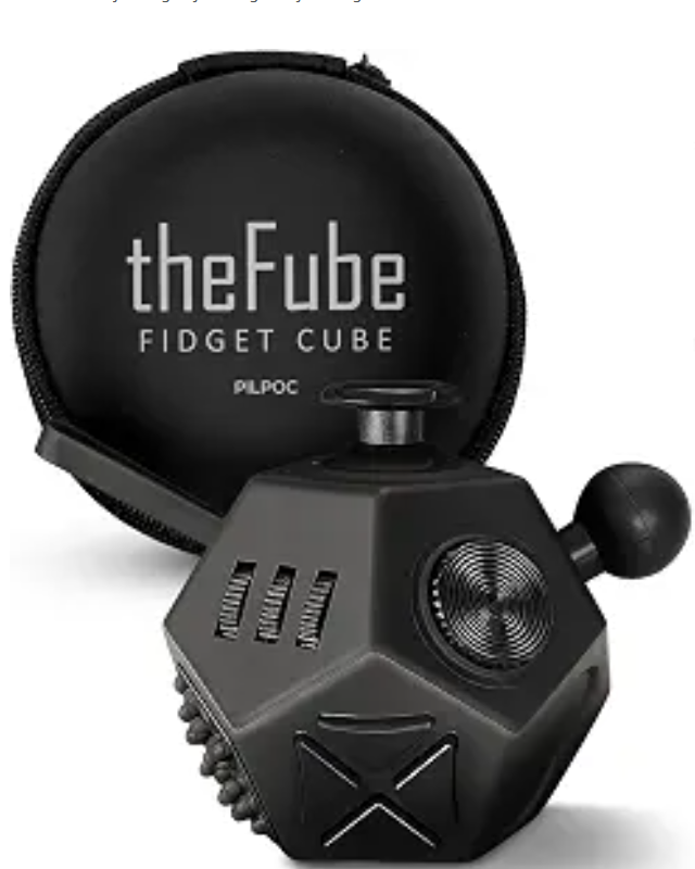 theFube fidget cube in black with its zip carry case