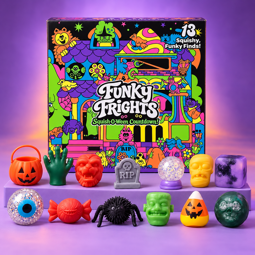 Funky Frights Squish-O-Ween Countdown box with the squishy toys in front