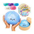 Giant 17cm blue glitter mystery squishy dumpling held in two hands next to its steamer box