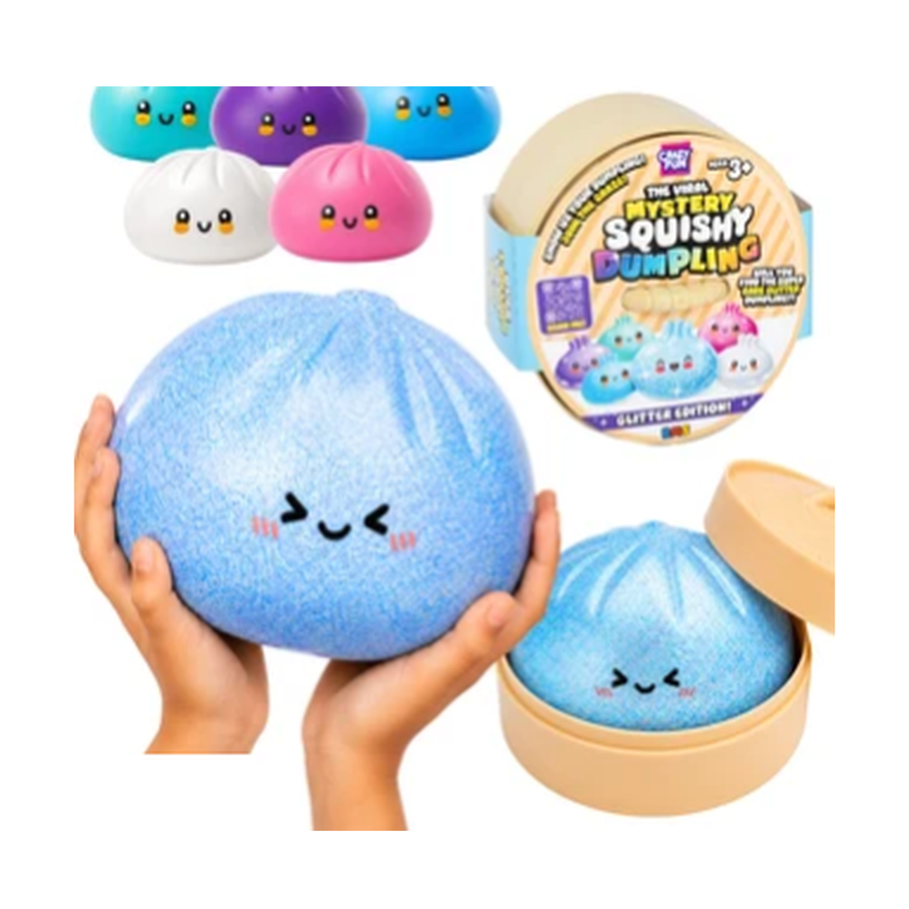 Giant 17cm blue glitter mystery squishy dumpling held in two hands next to its steamer box
