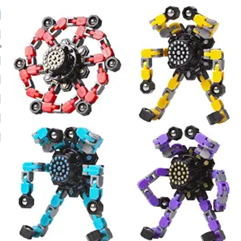 Four transformable fidget spinners in red, yellow, blue and purple