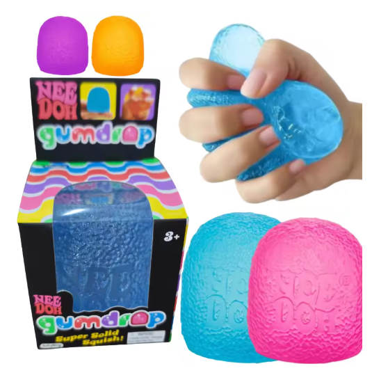 NeeDoh Gumdrop box with blue, pink, purple and orange gumdrops