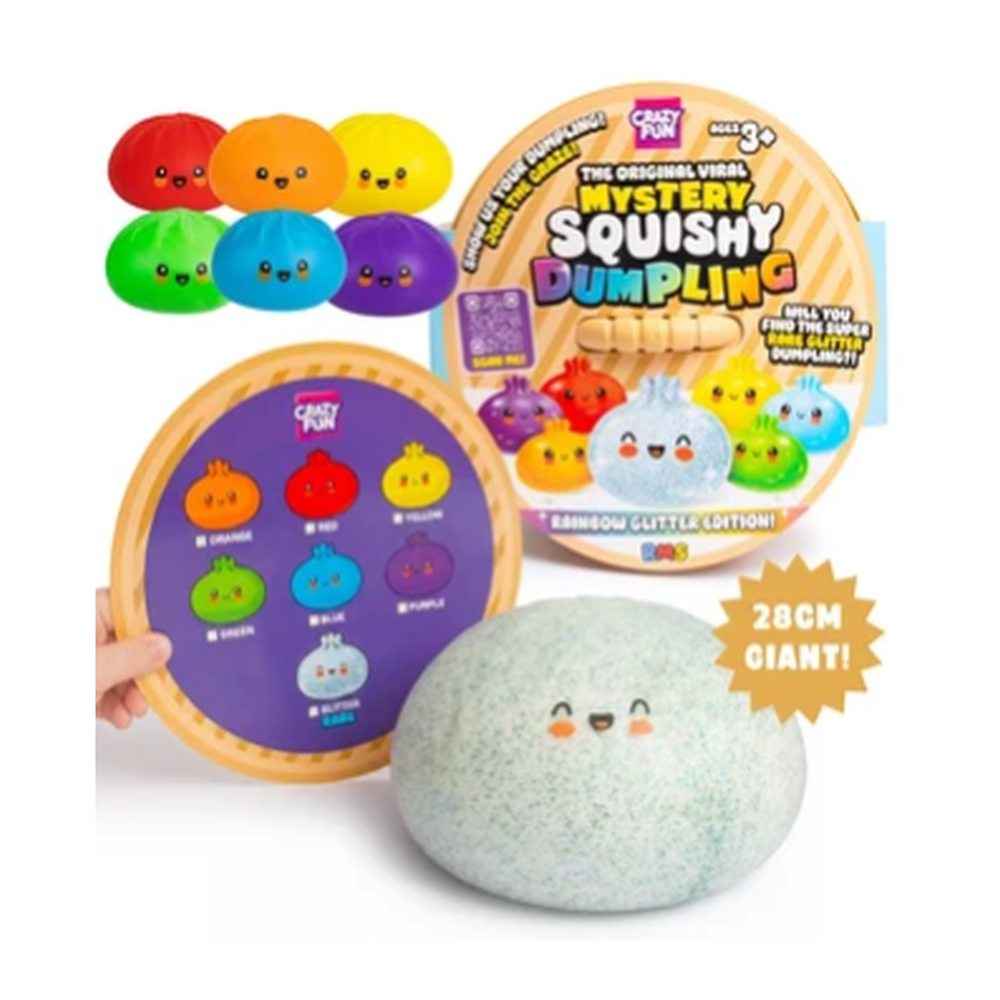 Jumbo 28cm Mystery Squishy Dumpling with its round steamer-style box and color checklist