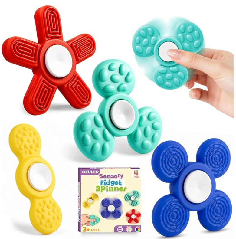 Four textured silicone fidget spinners with the box