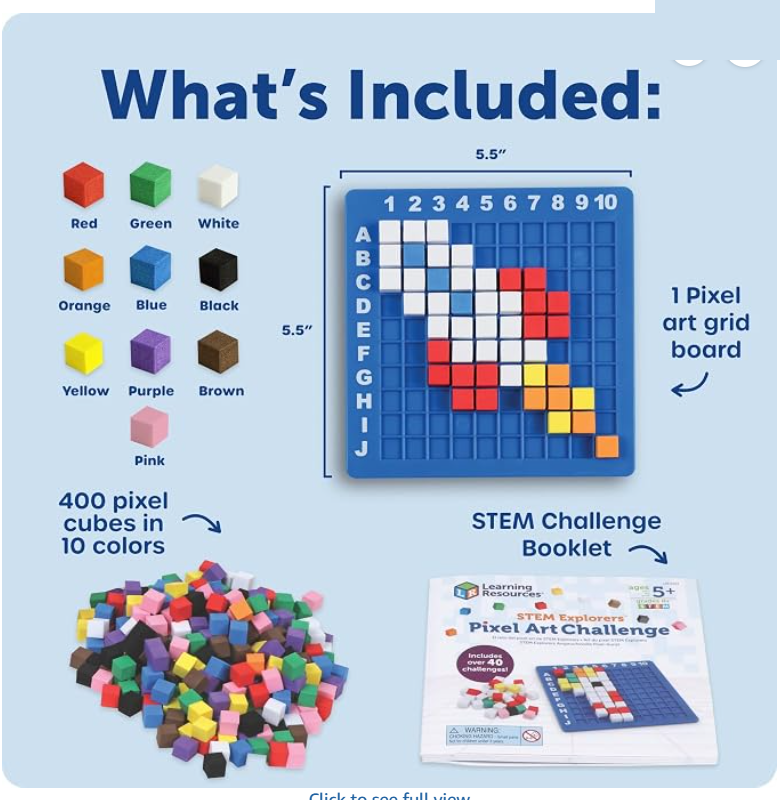 What's included: grid board, 400 pixel cubes and challenge booklet