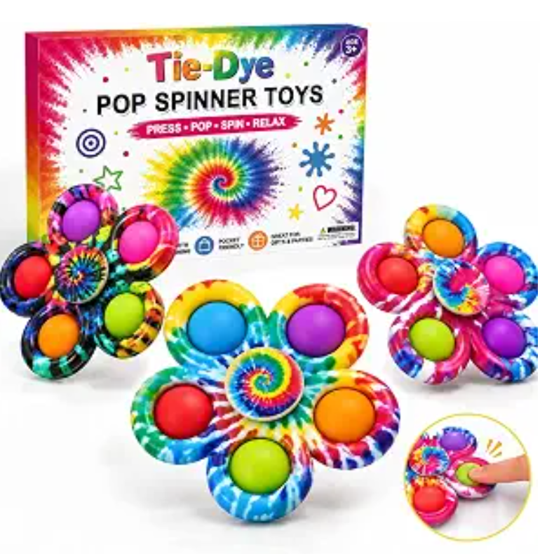 Three tie-dye pop spinners with the box