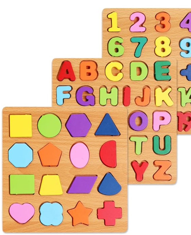 Three wooden puzzle boards: numbers, letters and shapes