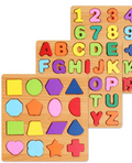 Three wooden puzzle boards: numbers, letters and shapes