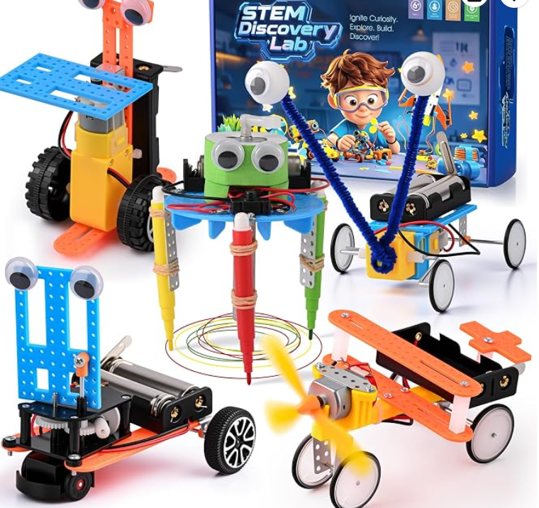 Five built robots with the STEM Discovery Lab box