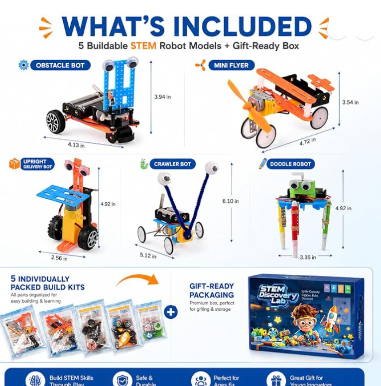 What's included: five buildable robot models