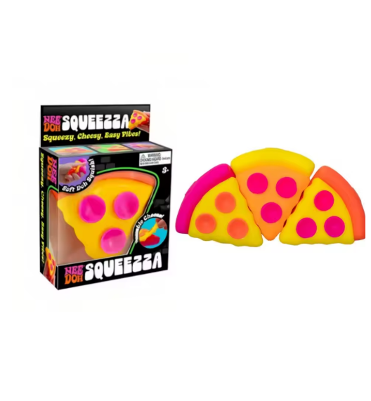 NeeDoh Squeezza pizza slice box and three pizza slices