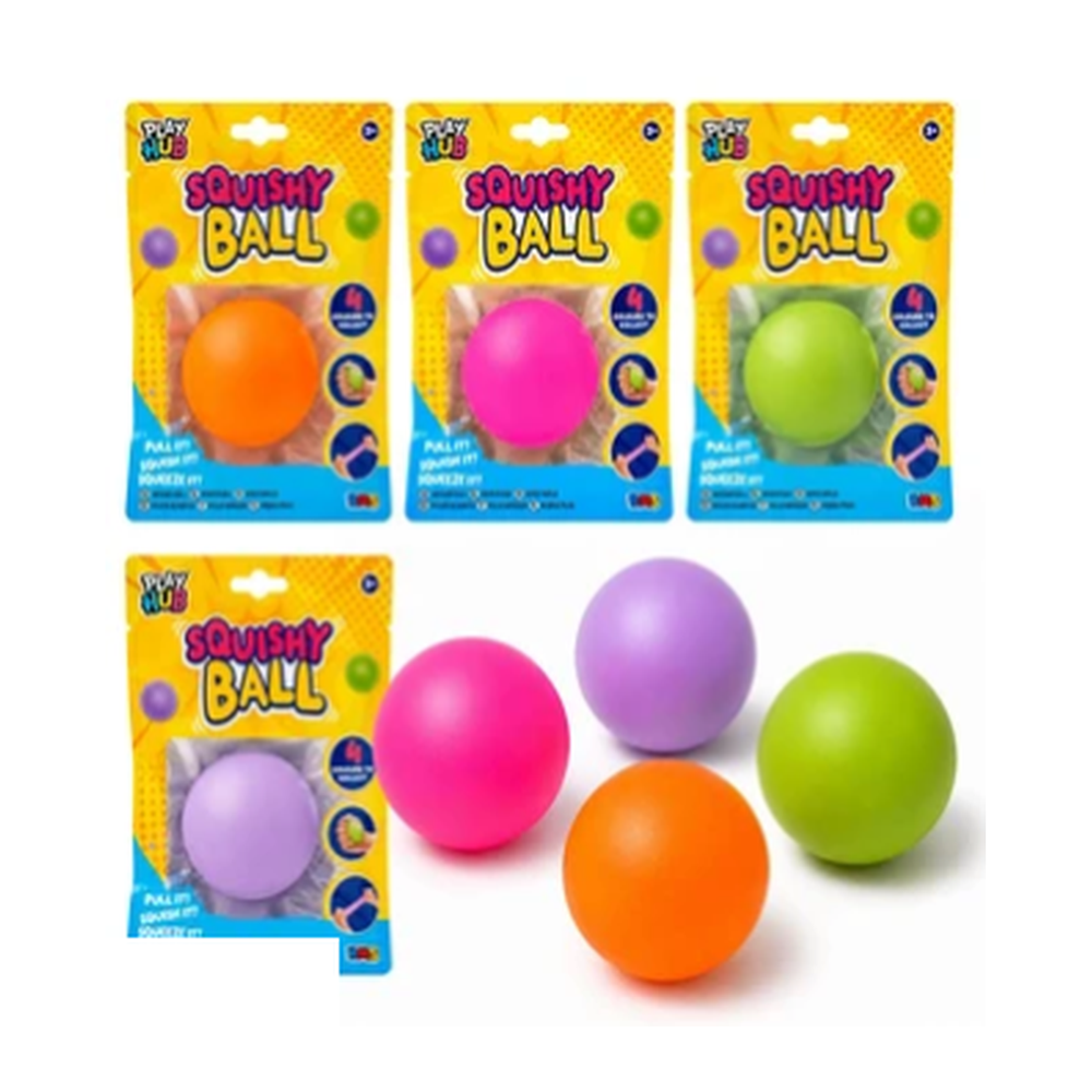 Four Play Hub Squishy Balls in orange, pink, green and purple with their packaging