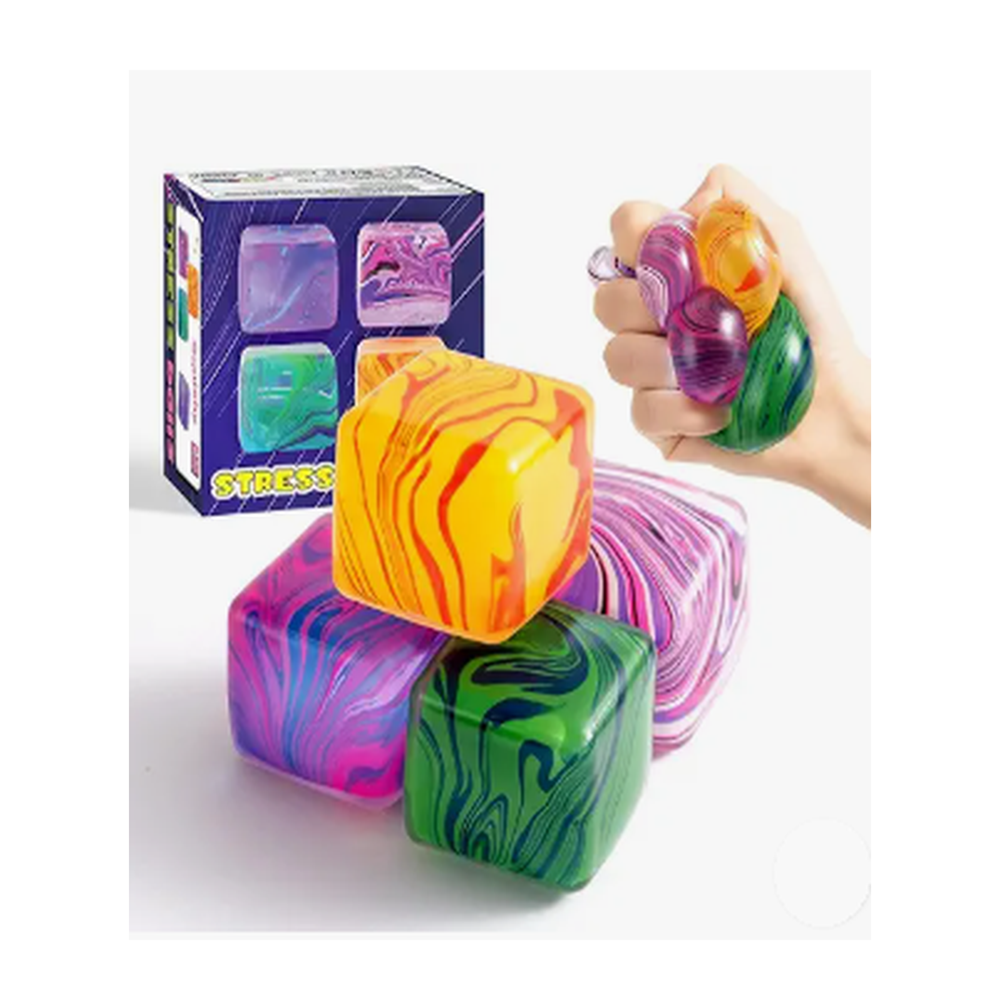 Four marble-swirl squishy stress cubes in yellow, pink, green and purple with their box